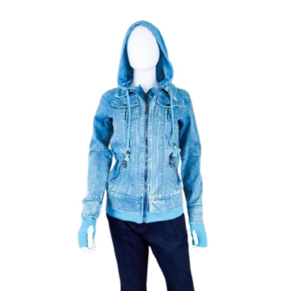 YOUBOYA BLUE DENIM COAT JACKET W/ THUMB HOLES DETACHABLE HOOD - Juniors Medium